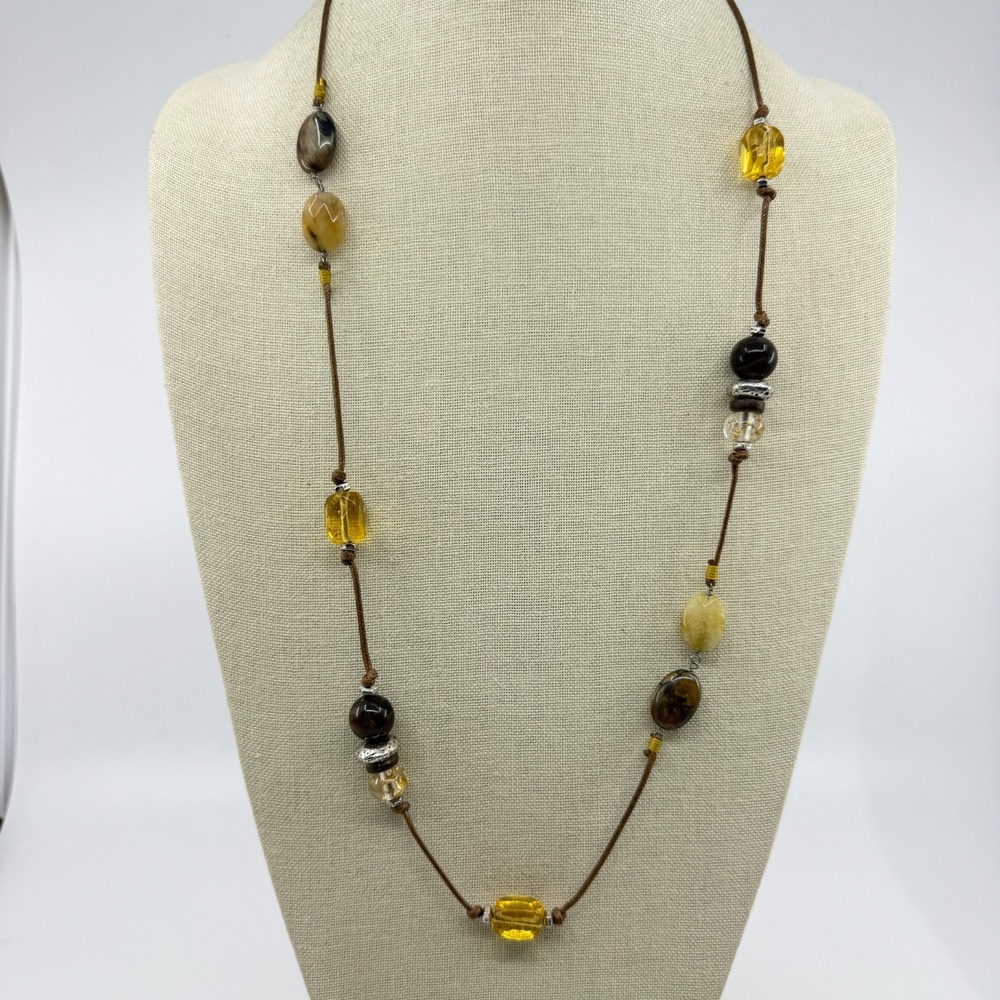 Brown Yellow Glass Beaded Cord Necklace Boho Long Artisan Statement Jewelry